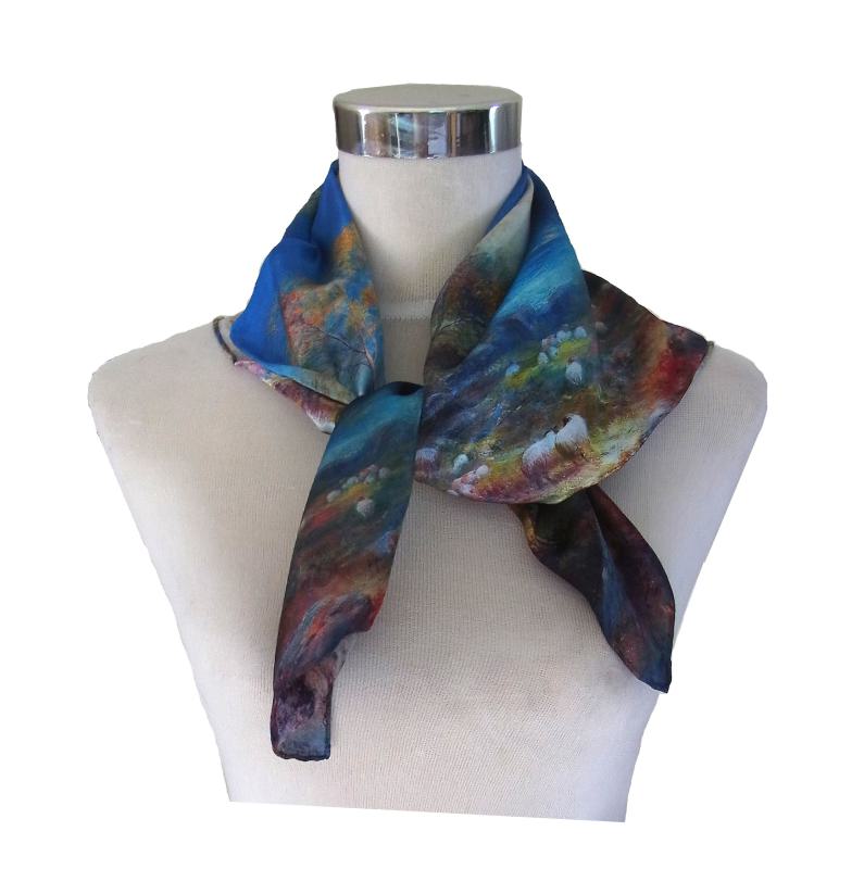 Foulard Shawl Silk Satin Landscape Tree Blue